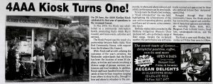 Newspaper cutting with headline 4AAA Kiosk Turns One!